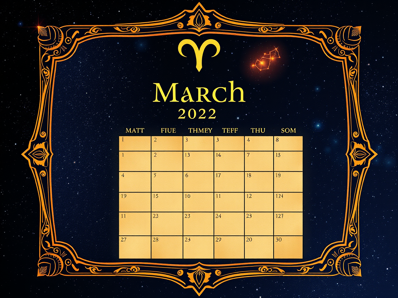 2022 March calendar with Aries style.