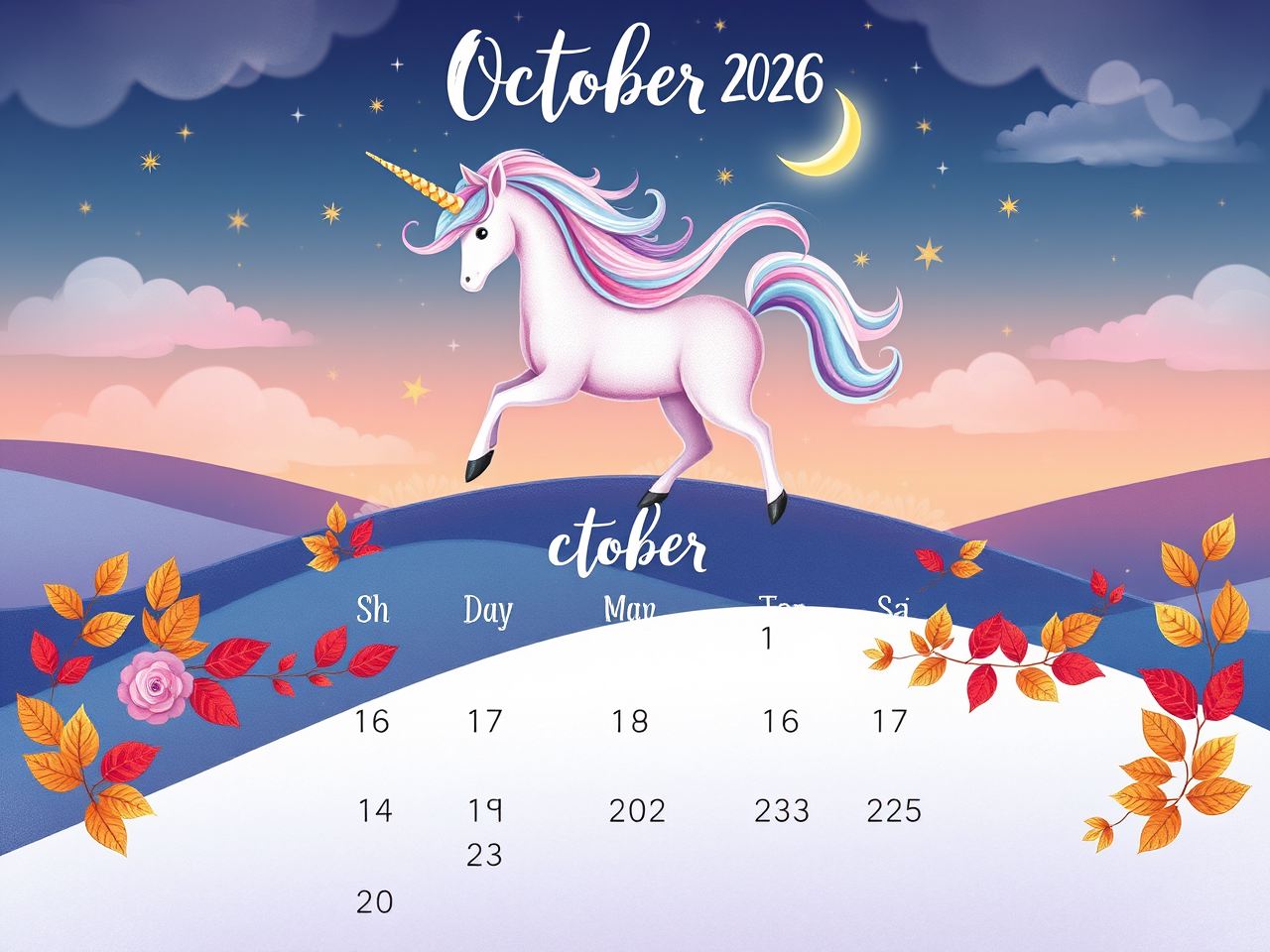 2026 October calendar with unicorn style.